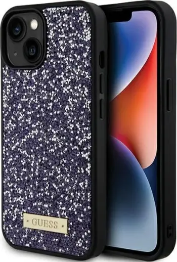 Mbështjellës Guess Rhinestone Metal Logo për iPhone 15, Rozë