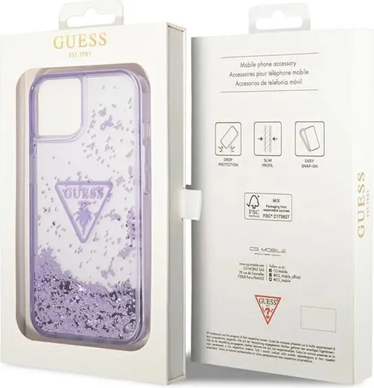 Mbështjellës Guess Liquid Glitter Palm për iPhone 14 Plus 6.7", vjollcë - 2
