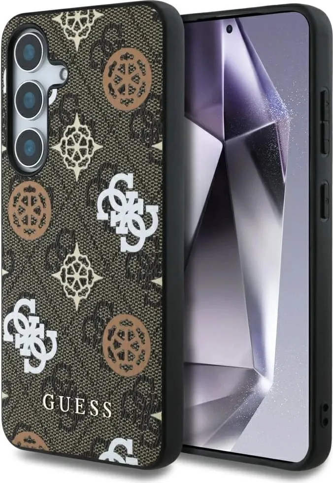 Mbështjellës Guess 4G Printed Colored Peony Pattern MagSafe për Samsung Galaxy S25, Kafe - 1
