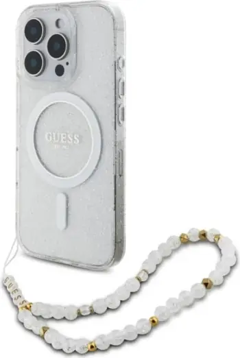 Mbështjellës Guess IML Glitter me rrip perlash MagSafe për iPhone 16 Pro, Transparent