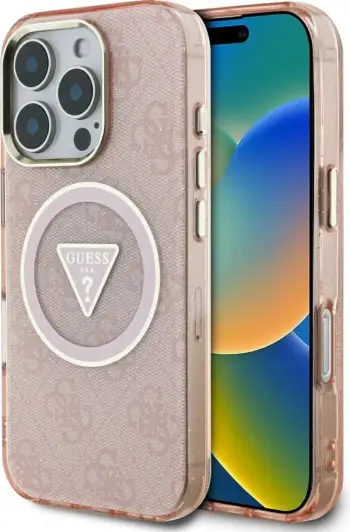Mbështjellës Guess IML Metal Glitter 4G Circle Triangle MagSafe për iPhone 16 Pro, Rozë