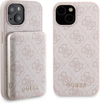 Mbështjellës Guess 4G Metal Logo me powerbank MagSafe 5000mAh për iPhone 15, Rozë, Set