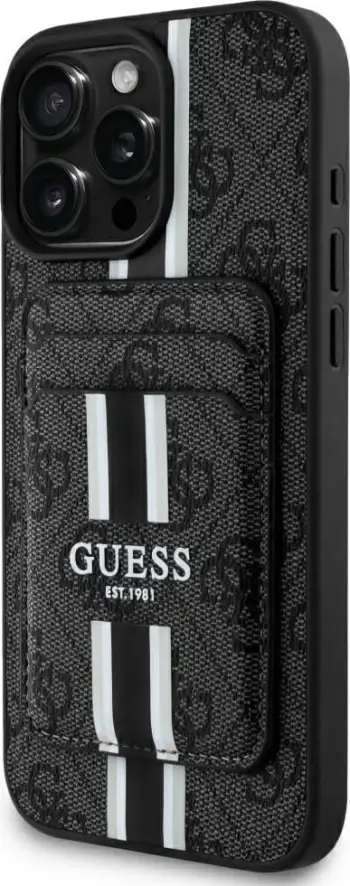 Mbështjellës Guess 4G Stripes me portofol MagSafe për iPhone 16 Pro Max, i zi