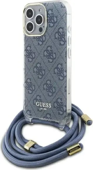 Mbështjellës Guess Crossbody Cord 4G Print për iPhone 16 Pro Max, Kaltër