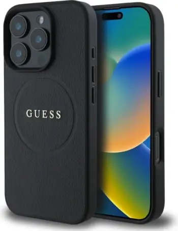 Mbështjellës Guess Grained Gold Ring MagSafe për iPhone 16 Pro Max, i zi