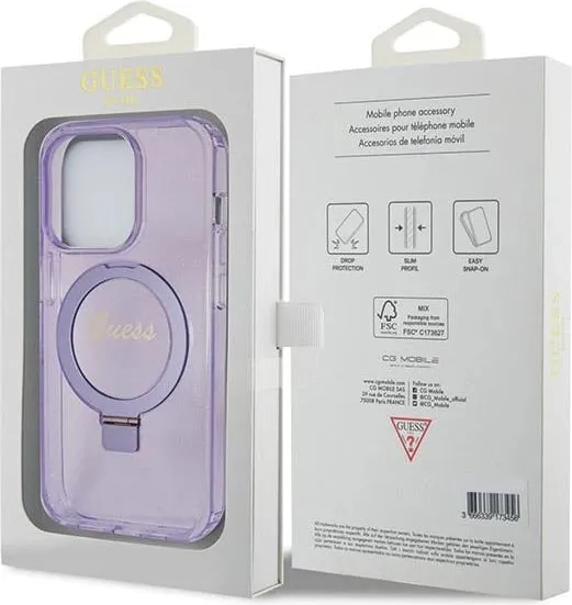 Mbështjellës Guess Ring Stand Script Glitter MagSafe për iPhone 14 Pro Max, vjollcë - 2