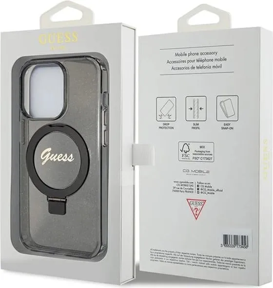 Mbështjellës Guess Ring Stand Script Glitter MagSafe për iPhone 15 Pro Max, i zi - 2