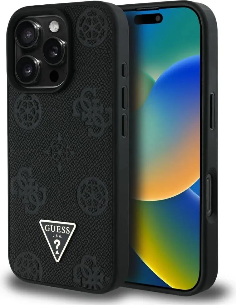 Mbështjellës Guess Grained Hot Stamp Peony Triangle Logo MagSafe për iPhone 16 Pro, Zi - 1