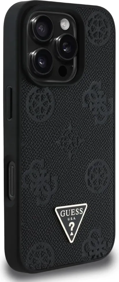 Mbështjellës Guess Grained Hot Stamp Peony Triangle Logo MagSafe për iPhone 16 Pro, Zi - 4