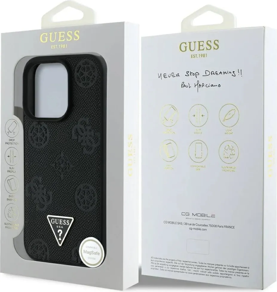 Mbështjellës Guess Grained Hot Stamp Peony Triangle Logo MagSafe për iPhone 16 Pro, Zi - 8