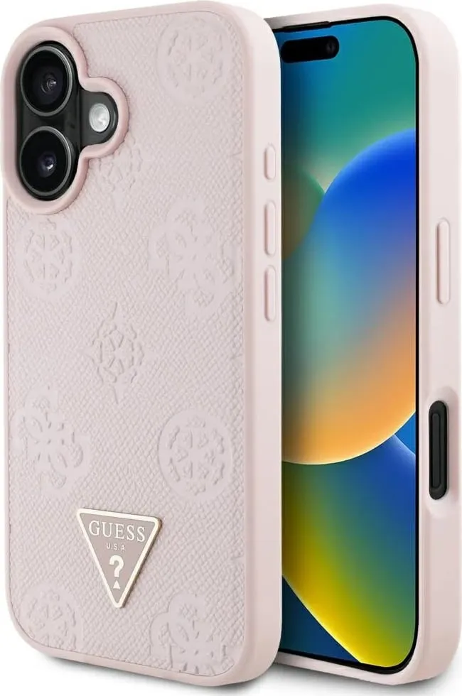 Mbështjellës Guess Grained Hot Stamp Peony Triangle Logo MagSafe për iPhone 16, Rozë - 1
