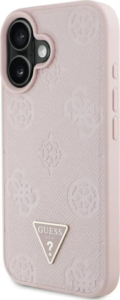Mbështjellës Guess Grained Hot Stamp Peony Triangle Logo MagSafe për iPhone 16, Rozë - 2