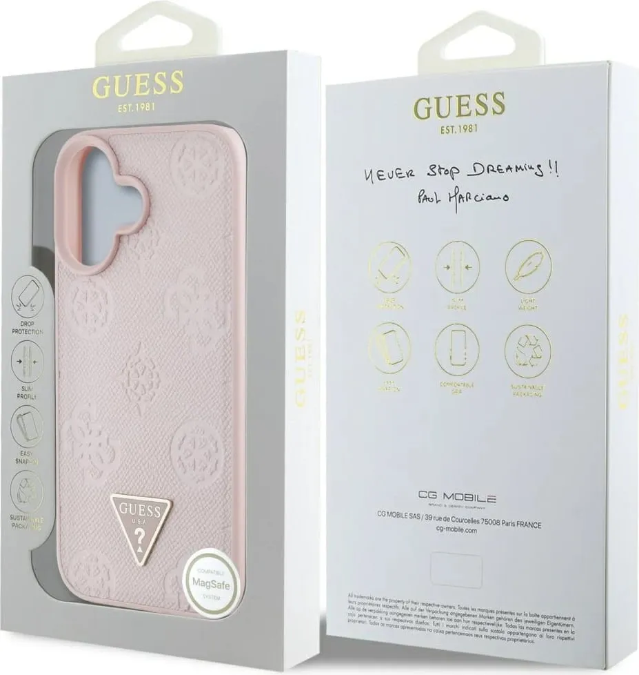 Mbështjellës Guess Grained Hot Stamp Peony Triangle Logo MagSafe për iPhone 16, Rozë - 8