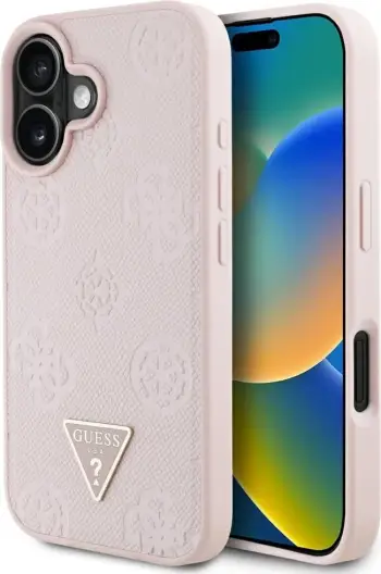 Mbështjellës Guess Grained Hot Stamp Peony Triangle Logo MagSafe për iPhone 16, Rozë