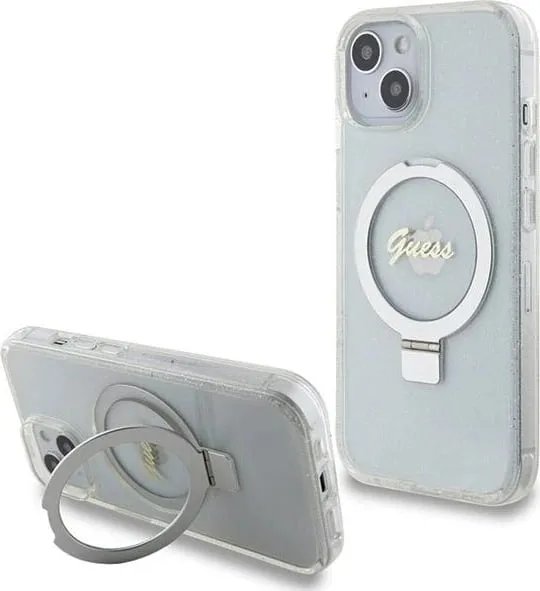 Mbështjellës Guess Ring Stand Script Glitter MagSafe për iPhone 15/14/13, transparent - 1