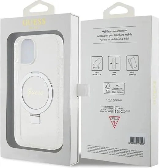 Mbështjellës Guess Ring Stand Script Glitter MagSafe për iPhone 15/14/13, transparent - 2
