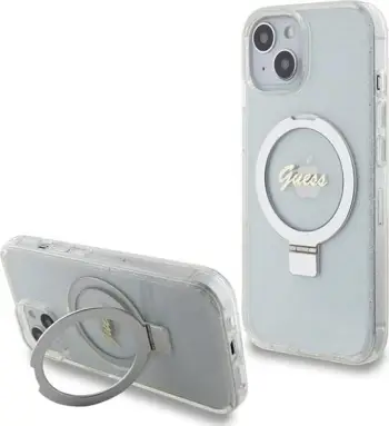 Mbështjellës Guess Ring Stand Script Glitter MagSafe për iPhone 15/14/13, transparent