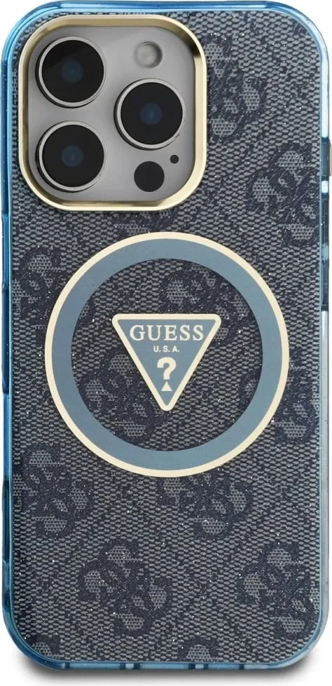 Mbështjellës Guess IML Metal Glitter 4G Circle Triangle MagSafe për iPhone 16 Pro, Blu - 3