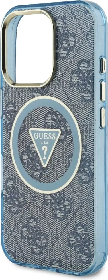 Mbështjellës Guess IML Metal Glitter 4G Circle Triangle MagSafe për iPhone 16 Pro, Blu - 6