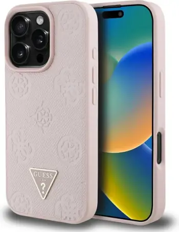 Mbështjellës Guess Grained Hot Stamp Peony Triangle Logo MagSafe për iPhone 16 Pro, Rozë