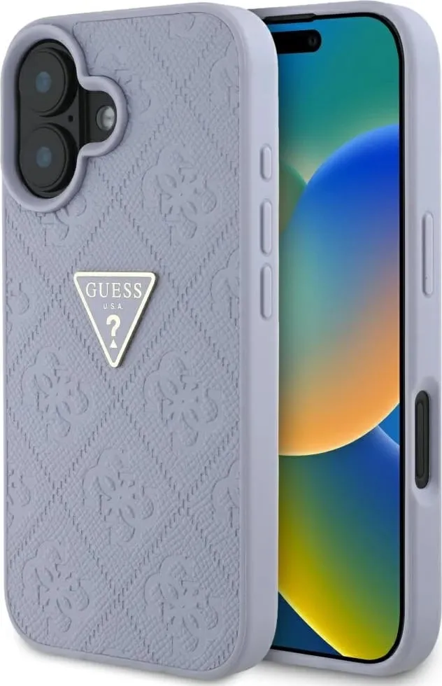 Mbështjellës Guess Hot Stamp 4G Pattern Triangle Metal Logo për iPhone 16, Vjollcë - 1