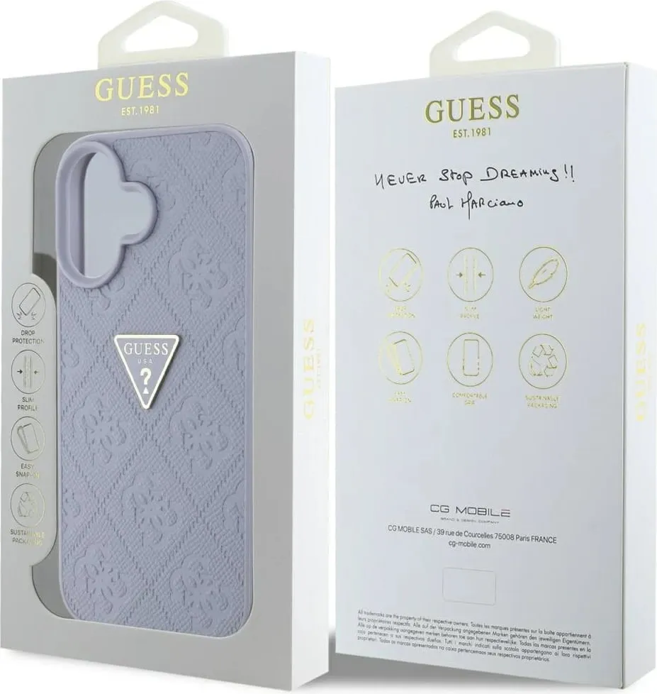 Mbështjellës Guess Hot Stamp 4G Pattern Triangle Metal Logo për iPhone 16, Vjollcë - 8