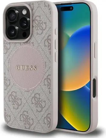 Mbështjellës Guess 4G Circle Classic Logo MagSafe për iPhone 16 Pro Max, rozë