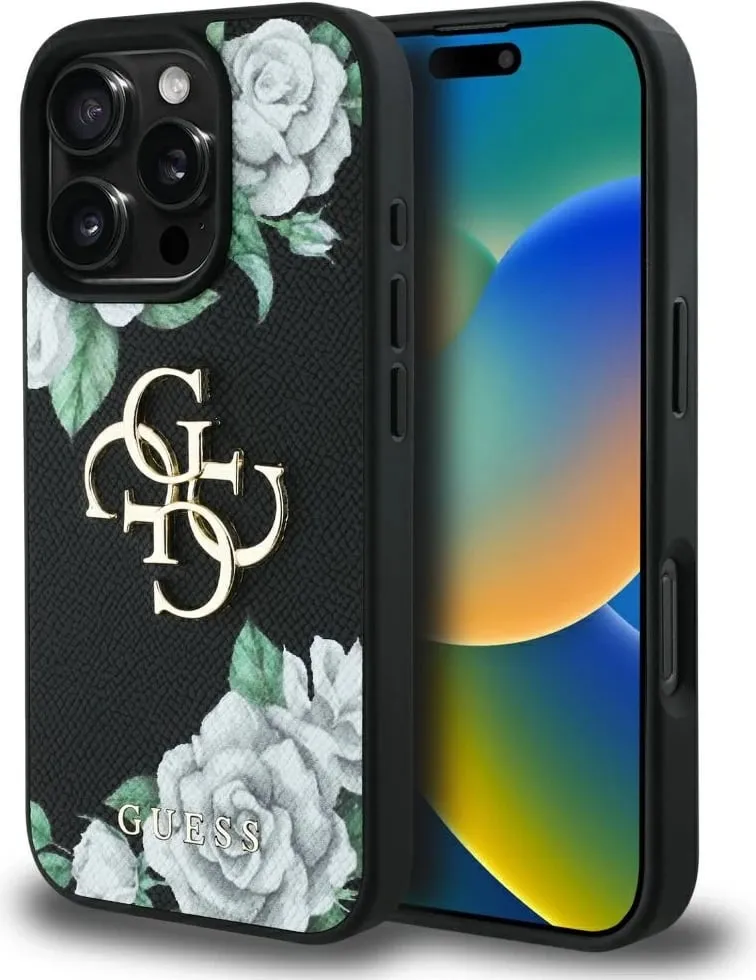 Mbështjellës Guess Grained Roses Big 4G logo për iPhone 16 Pro, i zi - 1