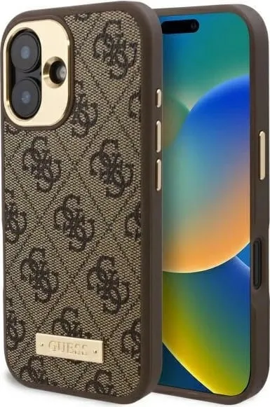 Mbështjellës Guess 4G Logo Plate MagSafe për iPhone 16 Plus, Kafe - 1