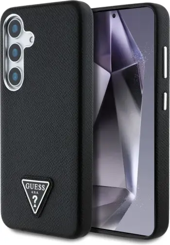 Mbështjellës Guess Grained Triangle Logo MagSafe për Samsung Galaxy S25, i zi