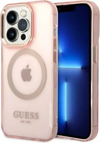 Kallëp telefoni Guess GUHMP14LHTCMP për iPhone 14 Pro, MagSafe, i tejdukshëm, rozë me të artë