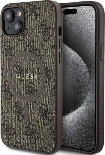 Mbështjellës Guess 4G Collection Leather Metal Logo MagSafe për iPhone 13/14/15, Kafe