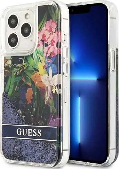 Mbështjellës Guess Flower Liquid Glitter për iPhone 13 Pro Max, Blu - 1