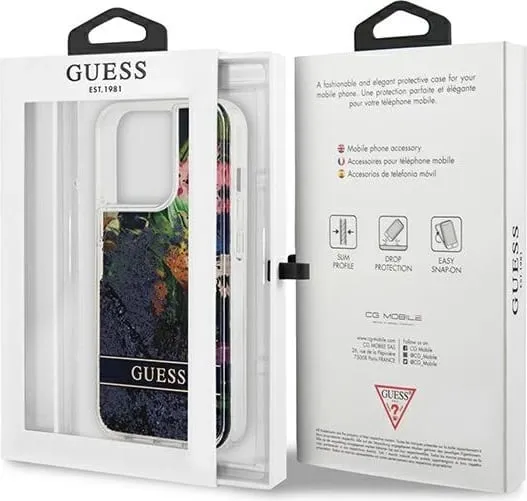 Mbështjellës Guess Flower Liquid Glitter për iPhone 13 Pro Max, Blu - 2