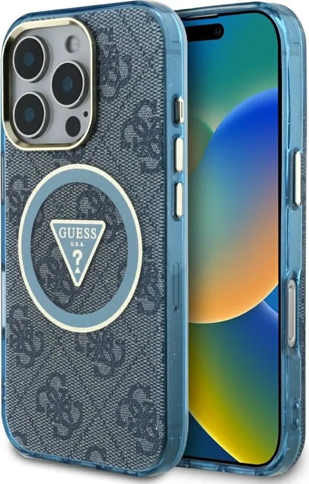 Mbështjellës Guess IML Metal Glitter 4G Circle Triangle MagSafe për iPhone 16 Pro Max, Blu - 1