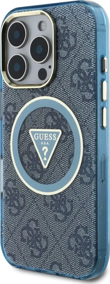 Mbështjellës Guess IML Metal Glitter 4G Circle Triangle MagSafe për iPhone 16 Pro Max, Blu - 2