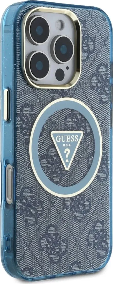Mbështjellës Guess IML Metal Glitter 4G Circle Triangle MagSafe për iPhone 16 Pro Max, Blu - 4