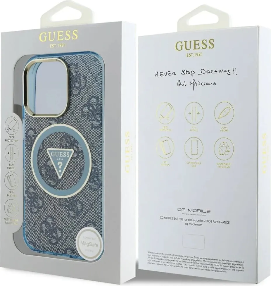 Mbështjellës Guess IML Metal Glitter 4G Circle Triangle MagSafe për iPhone 16 Pro Max, Blu - 8