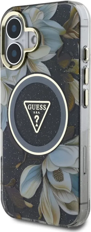 Mbështjellës Guess Glitter Flowers Triangle Buttons MagSafe për iPhone 16, i zi - 2