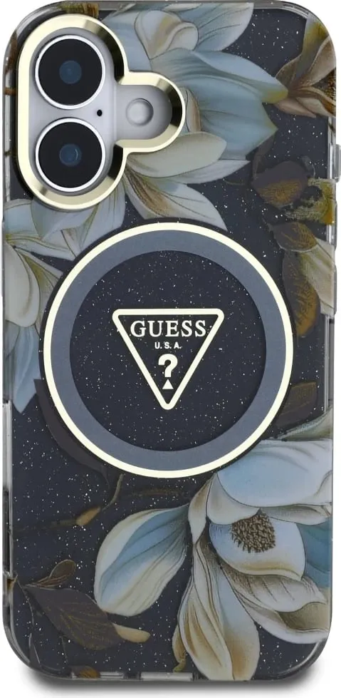 Mbështjellës Guess Glitter Flowers Triangle Buttons MagSafe për iPhone 16, i zi - 3