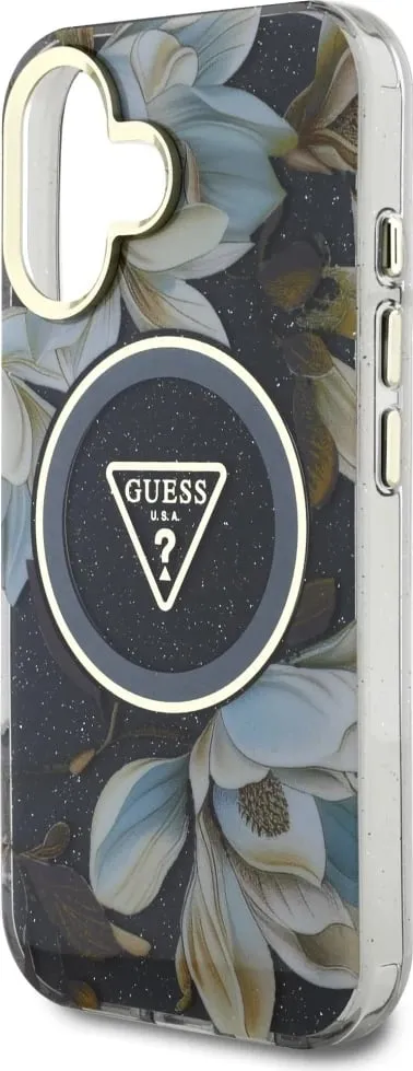 Mbështjellës Guess Glitter Flowers Triangle Buttons MagSafe për iPhone 16, i zi - 6