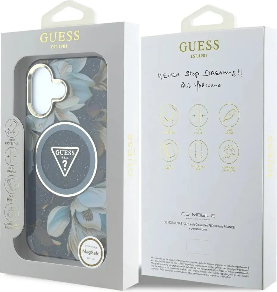 Mbështjellës Guess Glitter Flowers Triangle Buttons MagSafe për iPhone 16, i zi - 8
