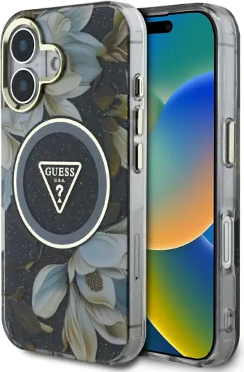 Mbështjellës Guess Glitter Flowers Triangle Buttons MagSafe për iPhone 16, i zi