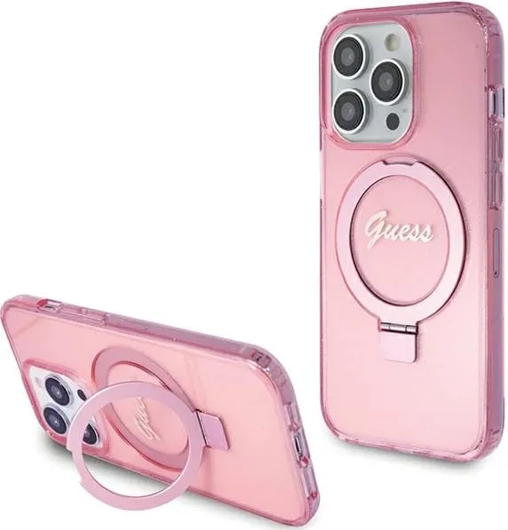 Mbështjellës Guess Ring Stand Script Glitter MagSafe për iPhone 15 Pro, Rozë - 1