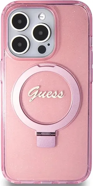 Mbështjellës Guess Ring Stand Script Glitter MagSafe për iPhone 15 Pro, Rozë - 2