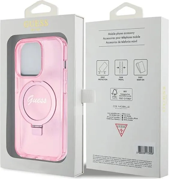 Mbështjellës Guess Ring Stand Script Glitter MagSafe për iPhone 15 Pro, Rozë - 3