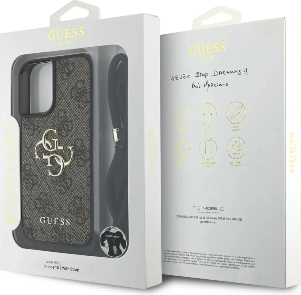 Mbështjellës Guess 4G Big Logo Cord Stap Crossbody për iPhone 16, Kafe - 7