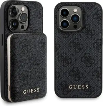 Mbështjellës Guess 4G Metal Logo me powerbank MagSafe 5000mAh për iPhone 15 Pro Max, Zi, Set