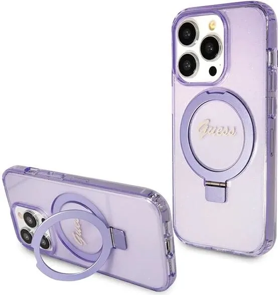 Mbështjellës Guess Ring Stand Script Glitter MagSafe për iPhone 15 Pro, vjollcë - 1