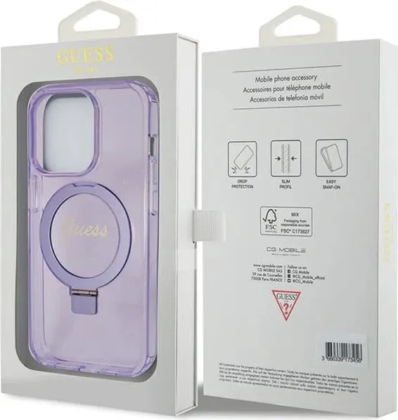 Mbështjellës Guess Ring Stand Script Glitter MagSafe për iPhone 15 Pro, vjollcë - 2